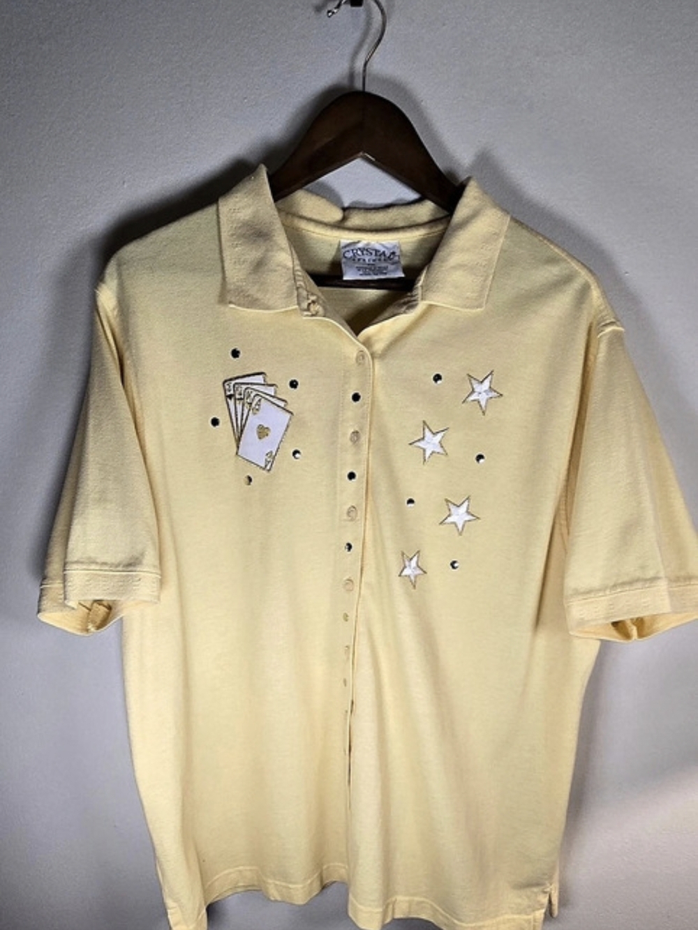 Vintage Crystal Springs Ladies Yellow Playing Cards & Stars Polo Shirt XXL